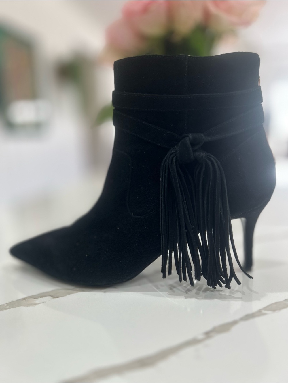 Charles Jourdan Paris- Black Suede Fringe Ankle Boots - Women's